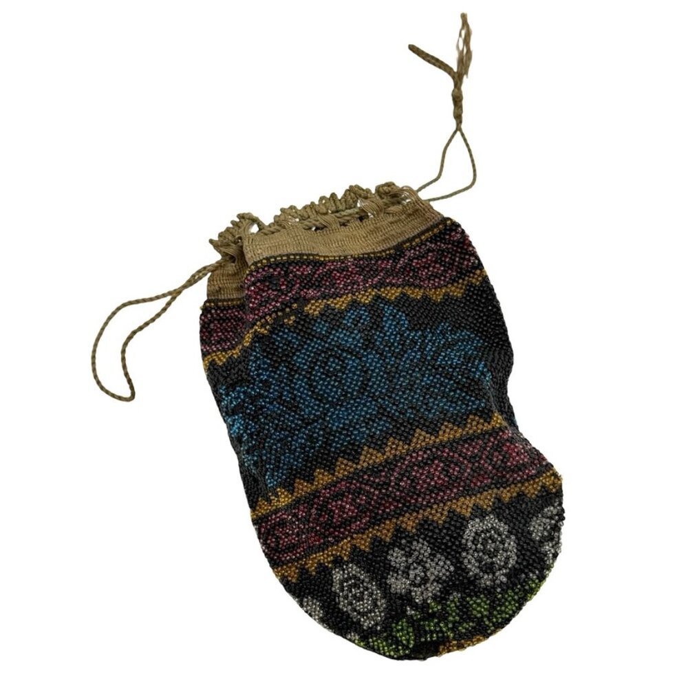 Antique Victorian Beaded Drawstring Purse Bag